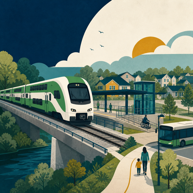 Illustration of an accessible commuter rail station connected to local transit and neighbourhood paths